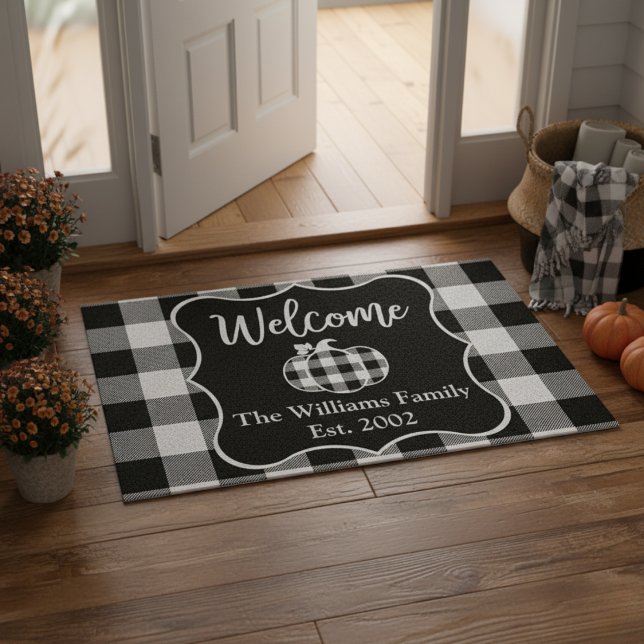 Custom Buffalo Plaid Black & White Autumn Welcome Doormat (Custom Buffalo Plaid Black & White Autumn Welcome Doormat)