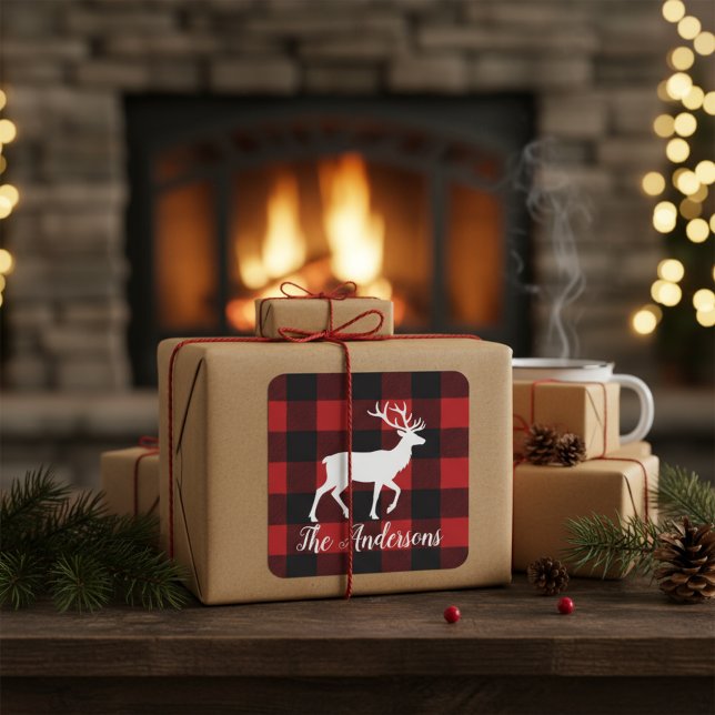 Custom Buffalo Plaid Deer Name Label Sticker (Creator Uploaded)