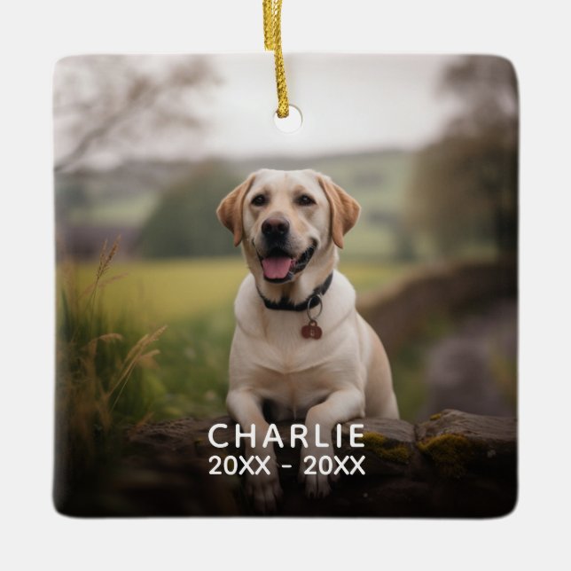 Custom Buffalo Plaid Photo Pet Memorial Ceramic Ornament (Front)