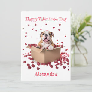 Custom Bulldog in Box with Hearts Valentine Holiday Card
