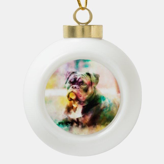 Custom Bulldog Watercolor Painting Ceramic Ball Christmas Ornament (Front)
