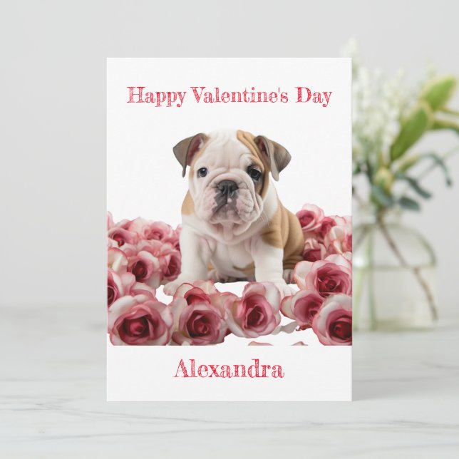 Custom Bulldog with Pink Roses Valentine Holiday Card (Standing Front)