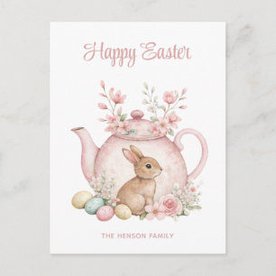 Custom Bunny & Pink Floral Teapot Happy Easter Holiday Postcard