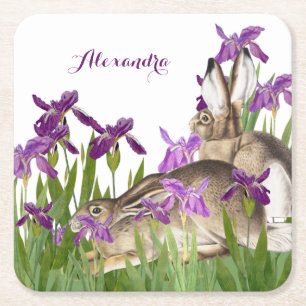 Custom Bunny Rabbit Purple Iris Floral Square Paper Coaster