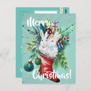 Custom Bunny Rabbit Xmas Stocking Blue Cute Couple Postcard