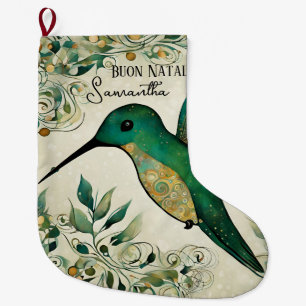 Custom Buon Natale Italian Green Hummingbird Large Christmas Stocking