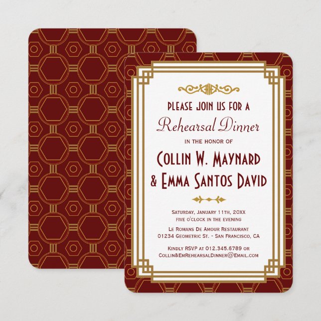 Custom Burgundy Art Deco Rehearsal Dinner Invites (Front/Back)