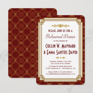 Custom Burgundy Art Deco Rehearsal Dinner Invites