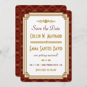 Custom Burgundy Art Deco Save The Date Invitation