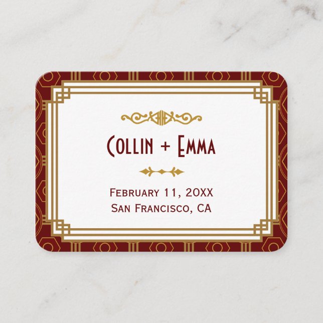 Custom Burgundy Art Deco Wedding Place Cards (Front)