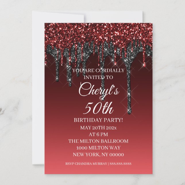 Custom Burgundy Black Glitter Drip Happy Birthday Invitation (Front)