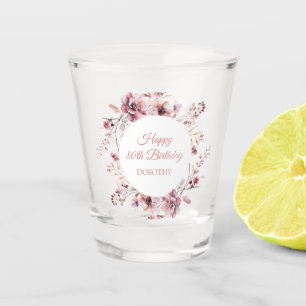Custom Burgundy Dusty Pink Floral 80th Birthday Shot Glass