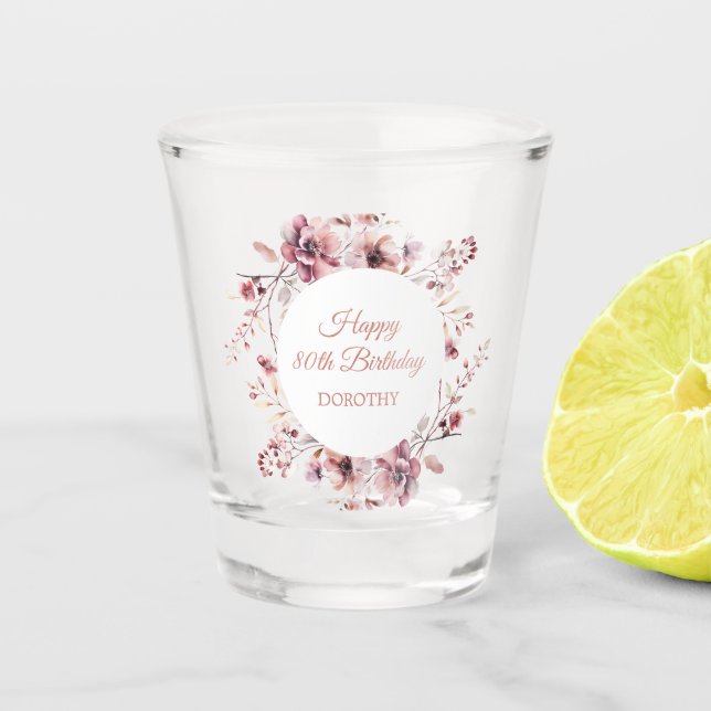 Custom Burgundy Dusty Pink Floral 80th Birthday Shot Glass (Front)