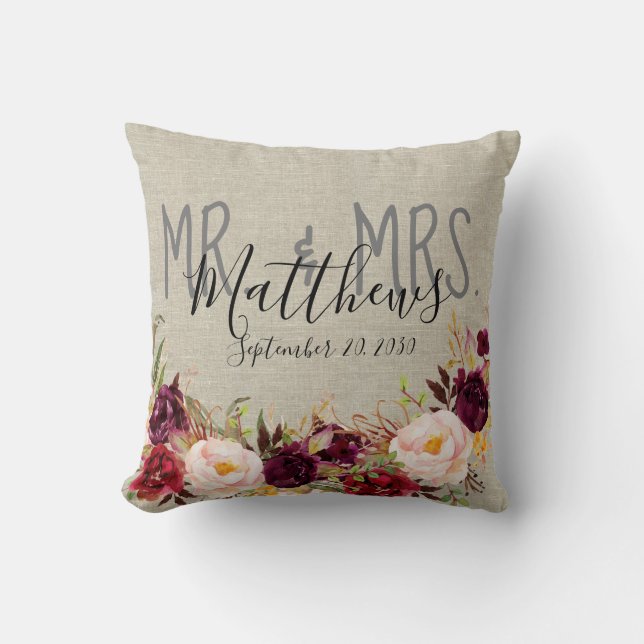 Custom Burgundy Floral Mr and Mrs Wedding Keepsake Cushion (Front)