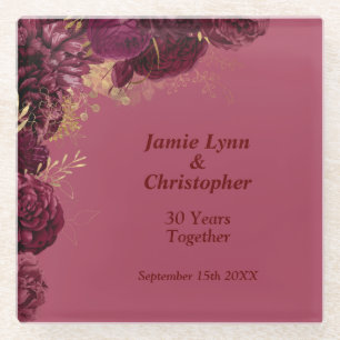 Custom Burgundy Floral Wedding Anniversary Glass Coaster