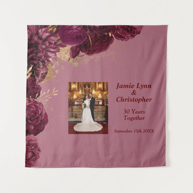 Custom Burgundy Floral Wedding Anniversary Tapestry (Front)