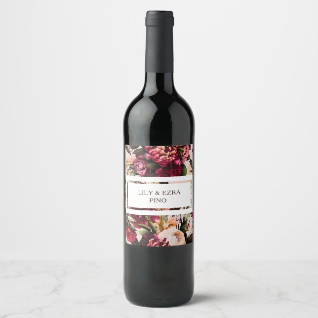 Custom Burgundy Floral Wedding Wine Label (Front)
