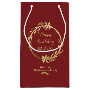 Custom Burgundy Gold Happy Birthday Foliage Wreath Small Gift Bag