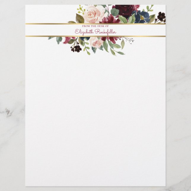 Custom Burgundy Navy Gold Boho Floral Bouquet Custom Letterhead (Front)