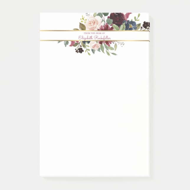 Custom Burgundy Navy Gold Boho Floral Bouquet Post-it Notes (Front)