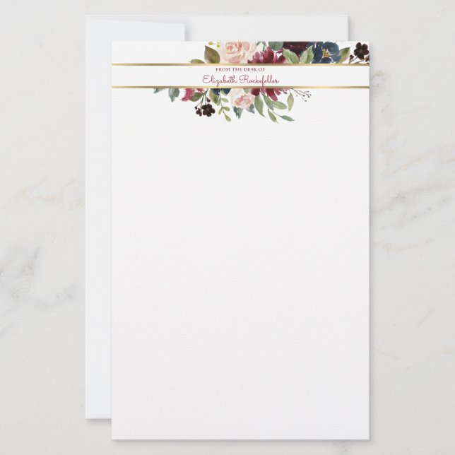 Custom Burgundy Navy Gold Boho Floral Bouquet Stationery (Front)
