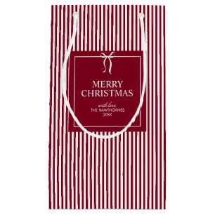 Custom Burgundy Red Classic Stripe Merry Christmas Small Gift Bag