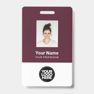 Custom Burgundy Red Employee Photo, Bar Code, Logo ID Badge