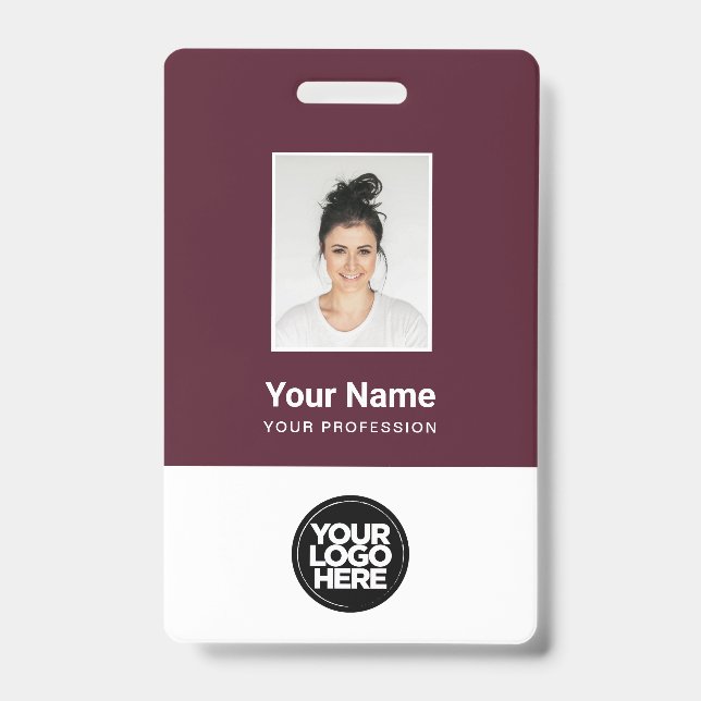 Custom Burgundy Red Employee Photo, Bar Code, Logo ID Badge (Front)