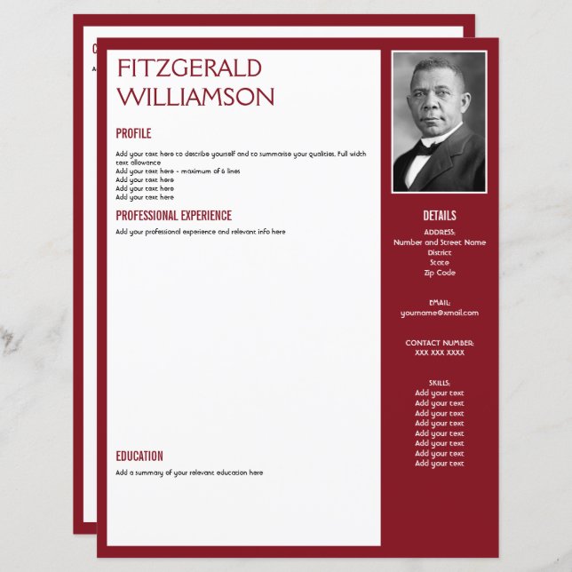Custom Burgundy RESUME CV Photo Template (Front/Back)