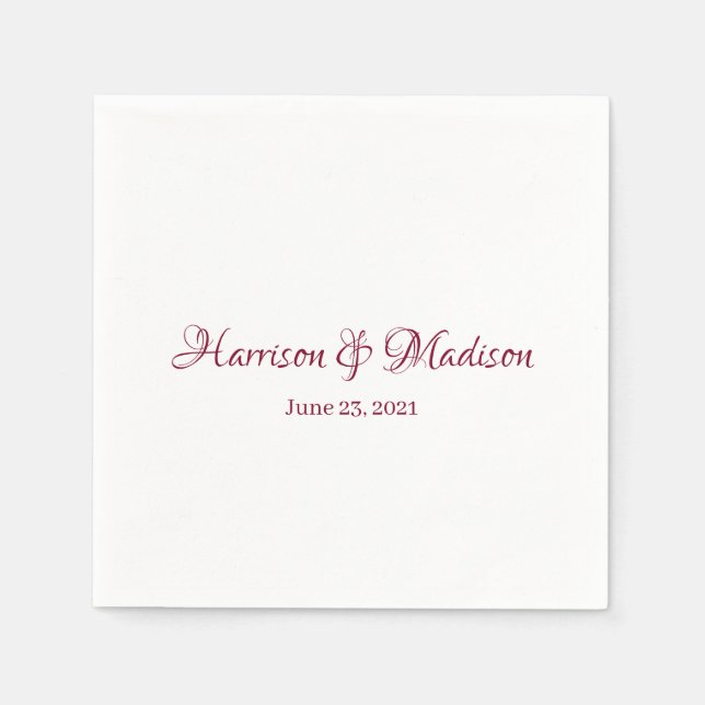 Custom burgundy Script Couple Name Date Wedding Napkin (Front)