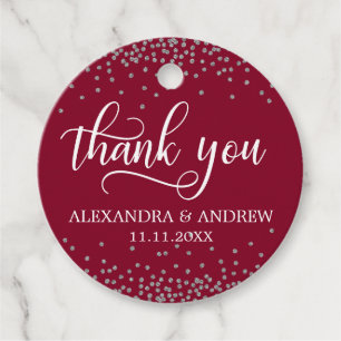 Custom Burgundy Silver Confetti Wedding Thank You Favour Tags
