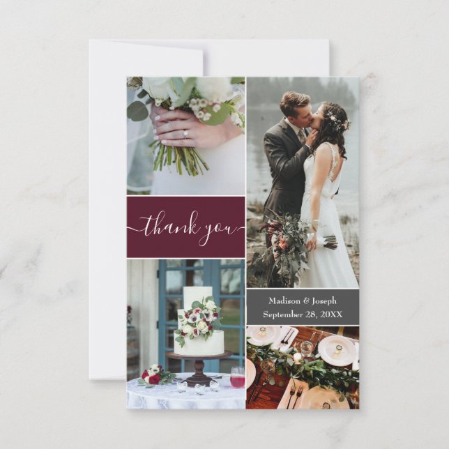 Custom Burgundy wedding Photo Collage thank You Card (Front)