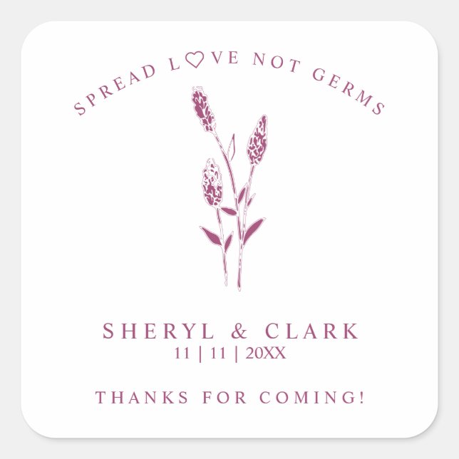 Custom Burgundy Wildflowers Wedding Hand Sanitizer Square Sticker (Front)