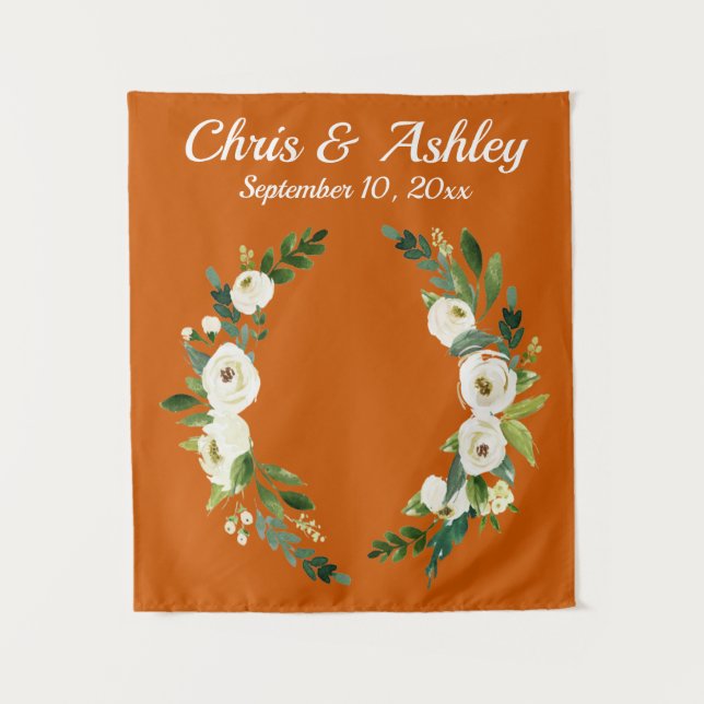 Custom Burnt Orange Greenery Wedding Backdrop Prop Tapestry (Front)