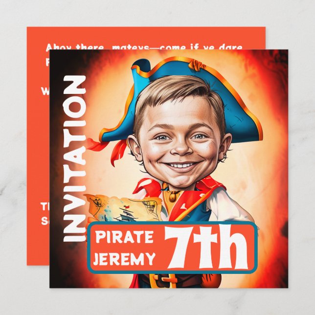 Custom Burnt Orange Pirate 7th Caricature  Invitation (Front/Back)