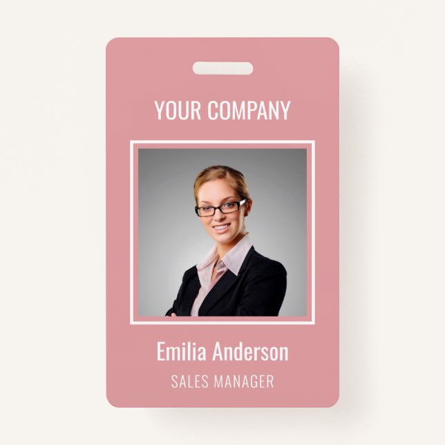 Custom Business Basic Employee Name Photo Pink ID Badge (Front)