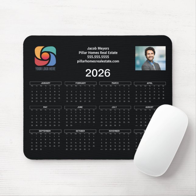 Custom Business Logo 2026 Calendar Black White Mouse Mat (With Mouse)
