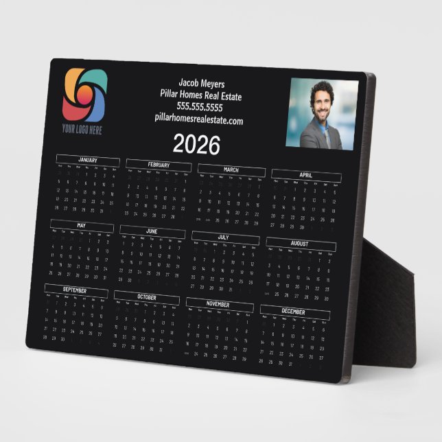 Custom Business Logo 2026 Calendar Black White Plaque (Side)