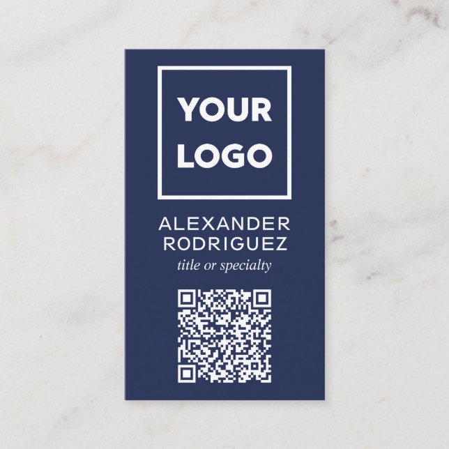 Custom Business Logo and QR Code Modern Navy Business Card (Front)