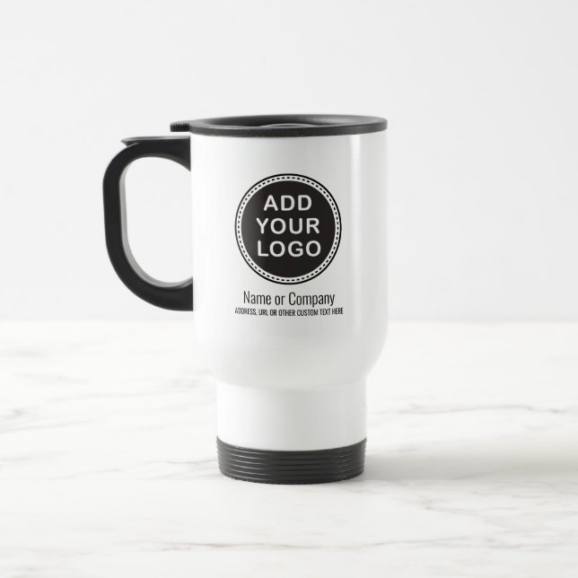 Custom business logo and text promotional travel mug (Left)