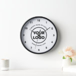 Custom Business Logo and Text White with Black Rim Clock<br><div class="desc">Replace the sample company logo and text with your own in the sidebar to create a stylish minimal wall clock for your business with a simple white background and a black rim. Your logo can be in colour or black and white. Bold black numbers around the edge make it easy...</div>