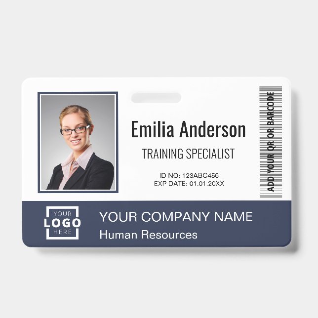 Custom Business Logo Bar Code Employee Photo Blue ID Badge (Front)