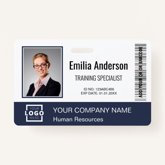 Custom Business Logo Bar Code Employee Photo Blue ID Badge (Front)