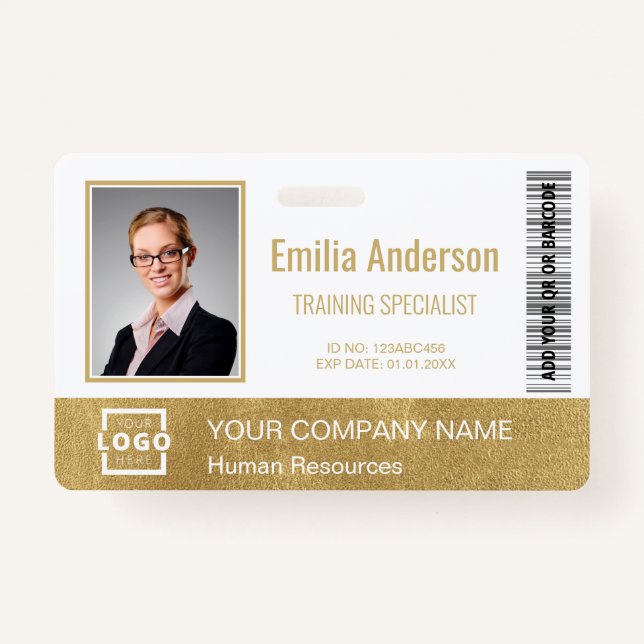 Custom Business Logo Bar Code Employee Photo Gold ID Badge (Front)
