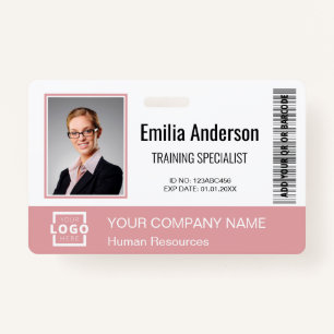 Custom Business Logo Bar Code Employee Photo Pink ID Badge