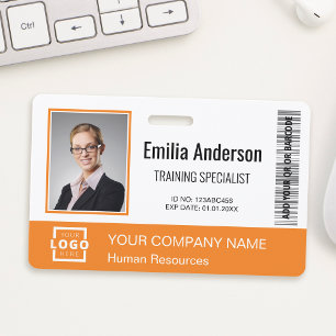 Custom Business Logo Barcode Employee Photo Orange ID Badge