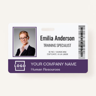 Custom Business Logo Barcode Employee Photo Purple ID Badge