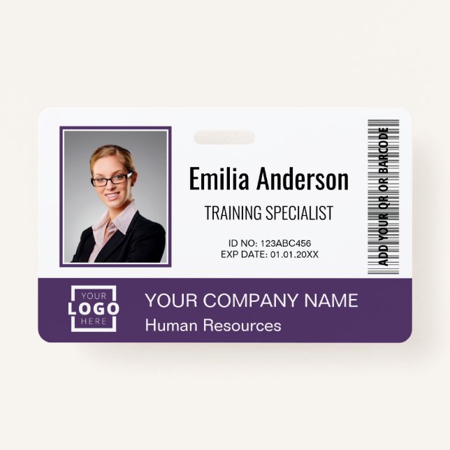 Custom Business Logo Barcode Employee Photo Purple ID Badge (Front)