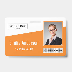 Custom Business Logo Barcode Photo Employee Orange ID Badge