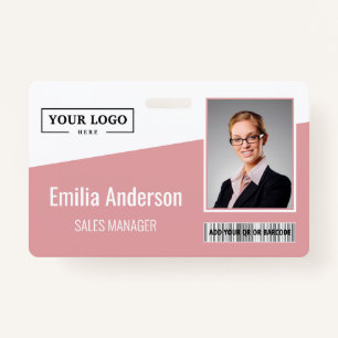 Custom Business Logo Barcode Photo Employee Pink ID Badge